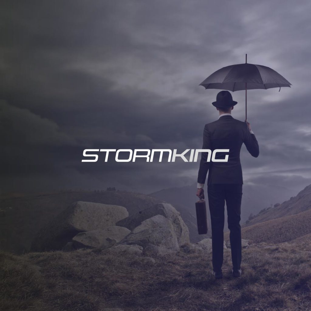 The logo design overlayed on an image of a man holding an umbrella